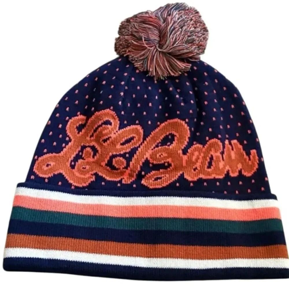 L.L Bean Katahdin Pom Beanie Carbon Navy Script Logo, New Unisex